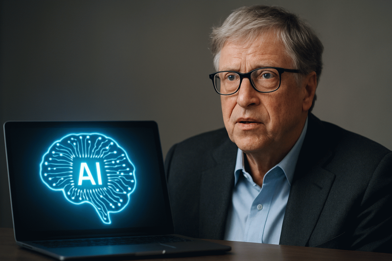 Imagem gerada por IA · Bill Gates Riscos IA · Assunto apurado por: MIT Technology Review