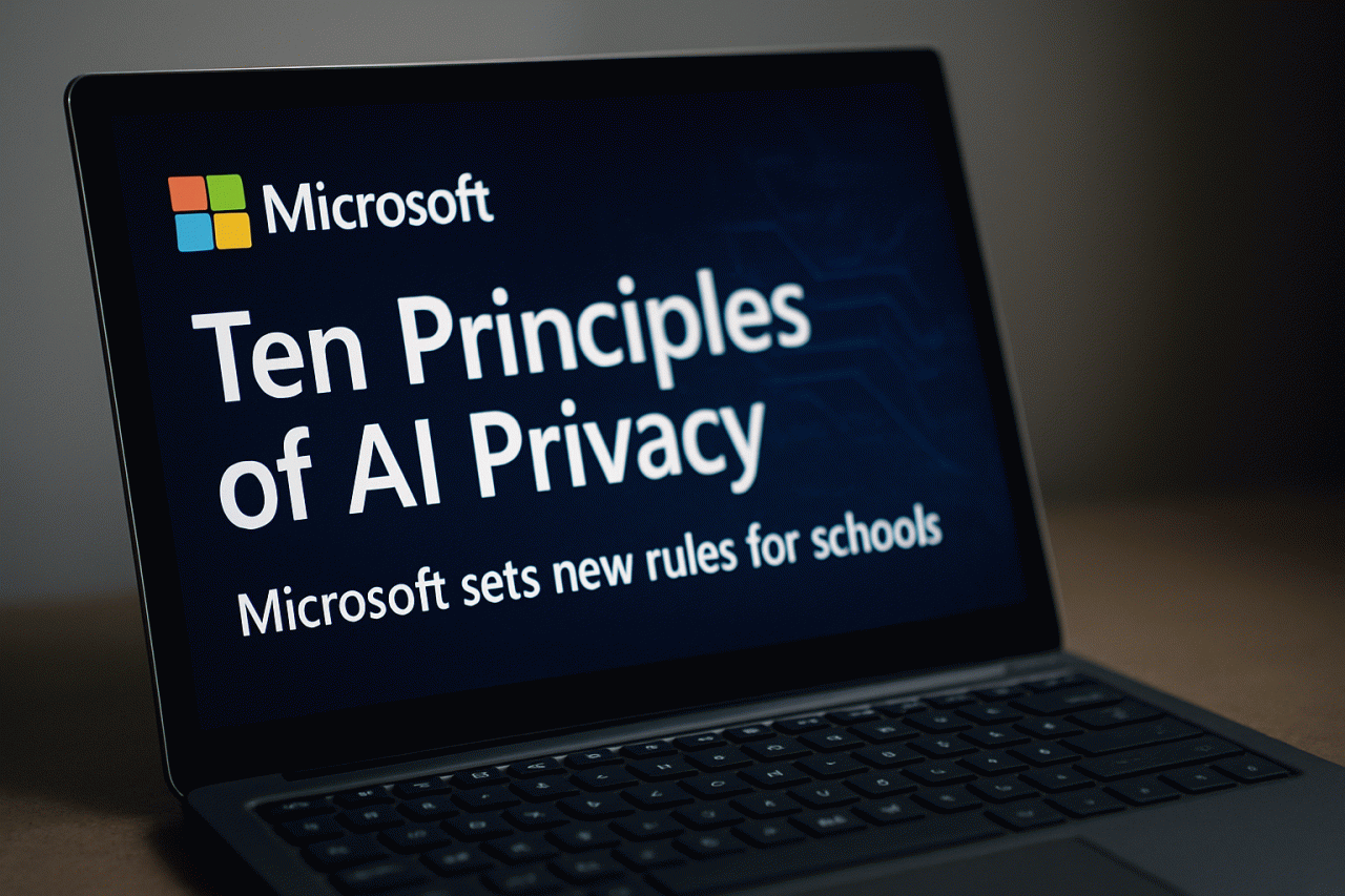Imagem gerada por IA · Microsoft IA Escolas Privacidade · Assunto apurado por: The Verge AI