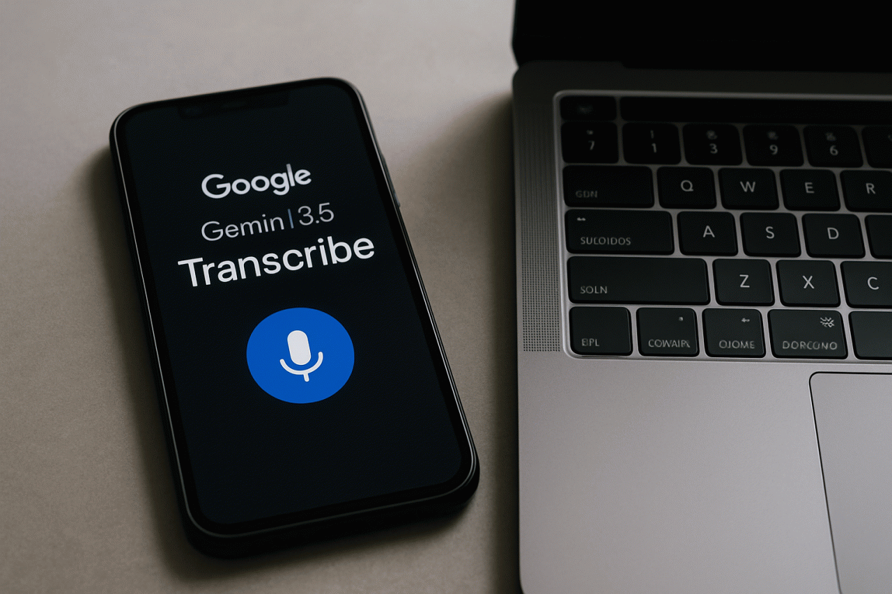 Imagem gerada por IA · Gemini 3.5 Transcribe Google · Assunto apurado por: 9to5Google