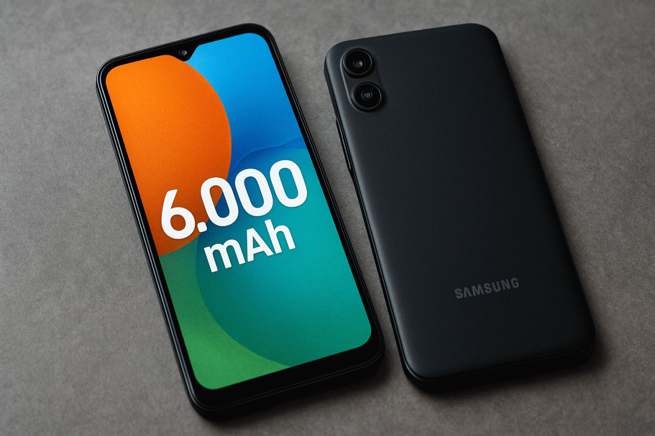 Imagem ilustrativa · Galaxy A08 bateria 6000 mAh · Fonte: GSMArena