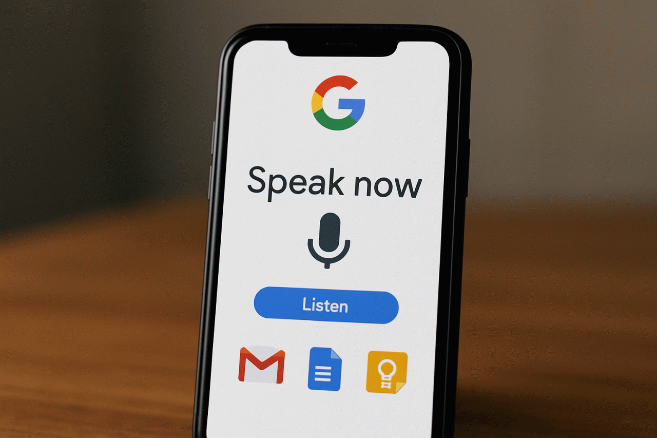 Imagem gerada por IA · Google IA voz produtividade · Assunto apurado por: TechCrunch