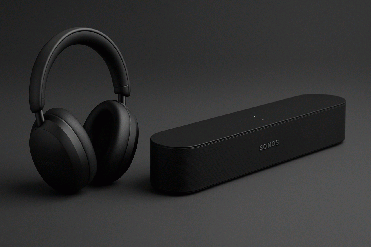 Imagem gerada por IA · Sonos, fones, soundbar, IA · Assunto apurado por: The Verge