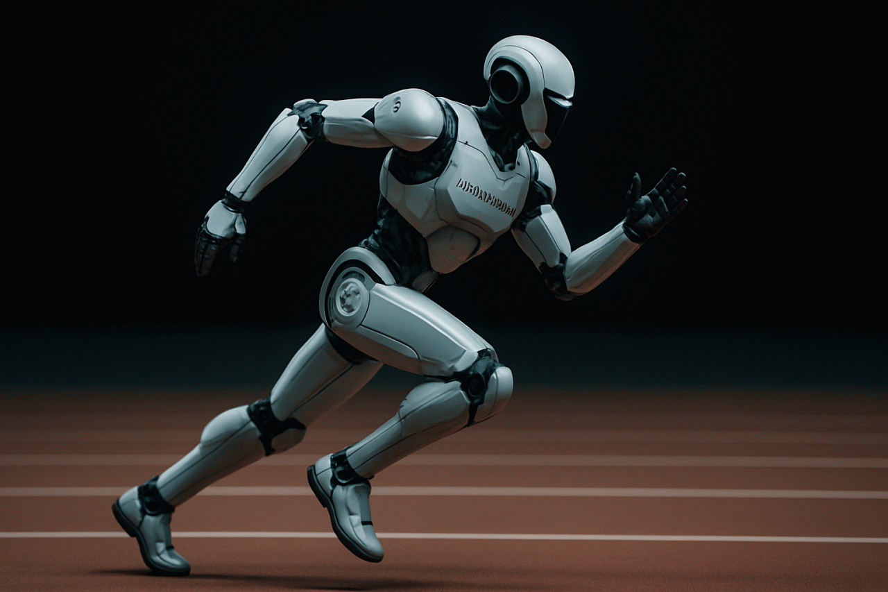 Imagem gerada por IA · Robô humanoide Usain Bolt recorde · Assunto apurado por: G1 Tecnologia