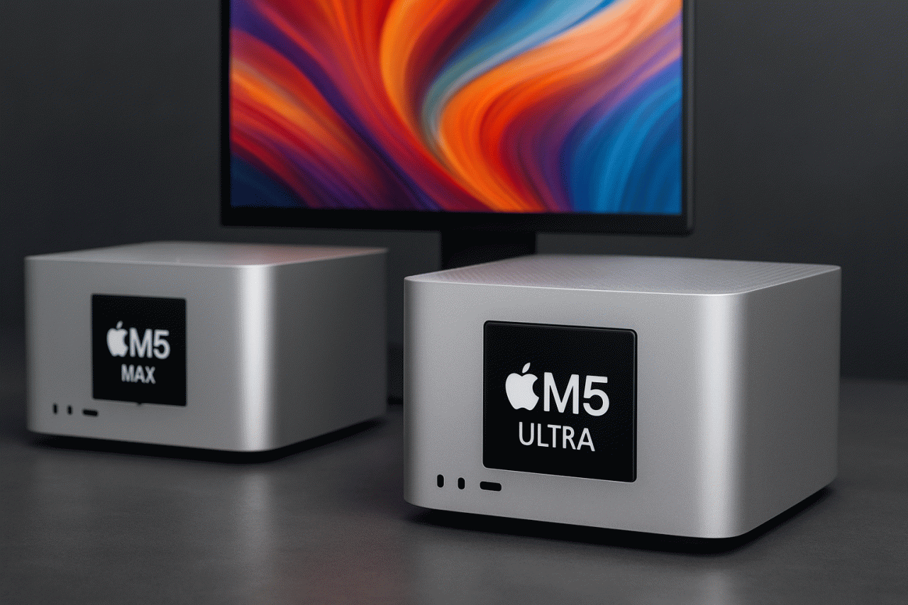 Imagem gerada por IA · Apple Mac Studio M5 Ultra · Assunto apurado por: The Verge