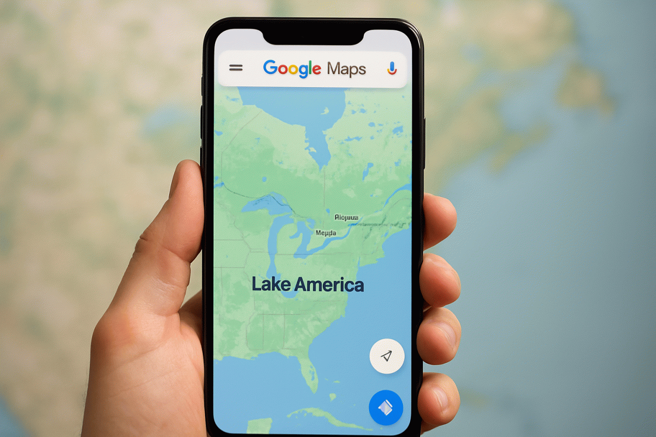 Imagem gerada por IA · Google Maps Lago América · Assunto apurado por: 9to5Google