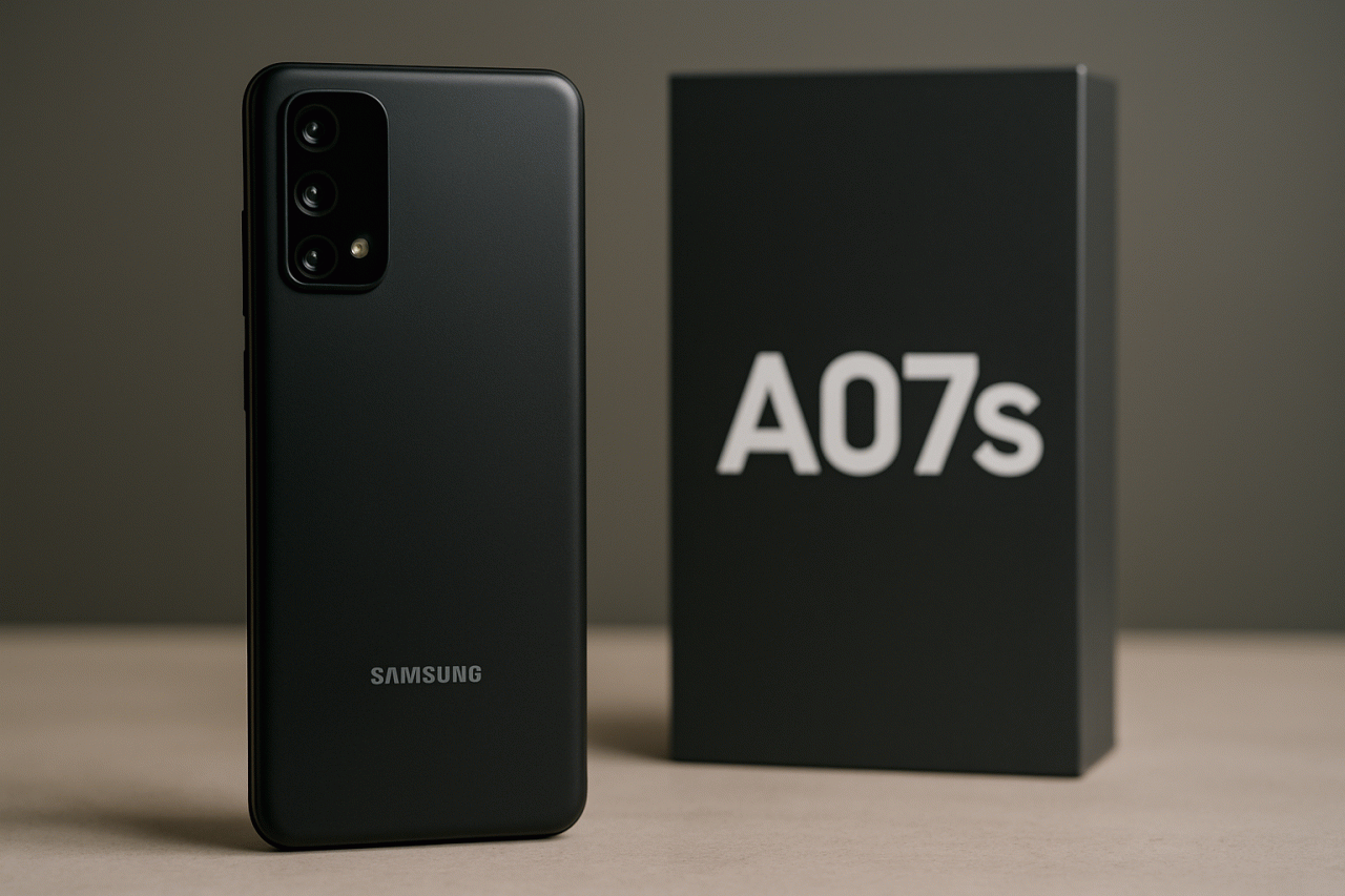 Imagem gerada por IA · Samsung Galaxy A07s, smartphone, orçamento · Assunto apurado por: GSMArena